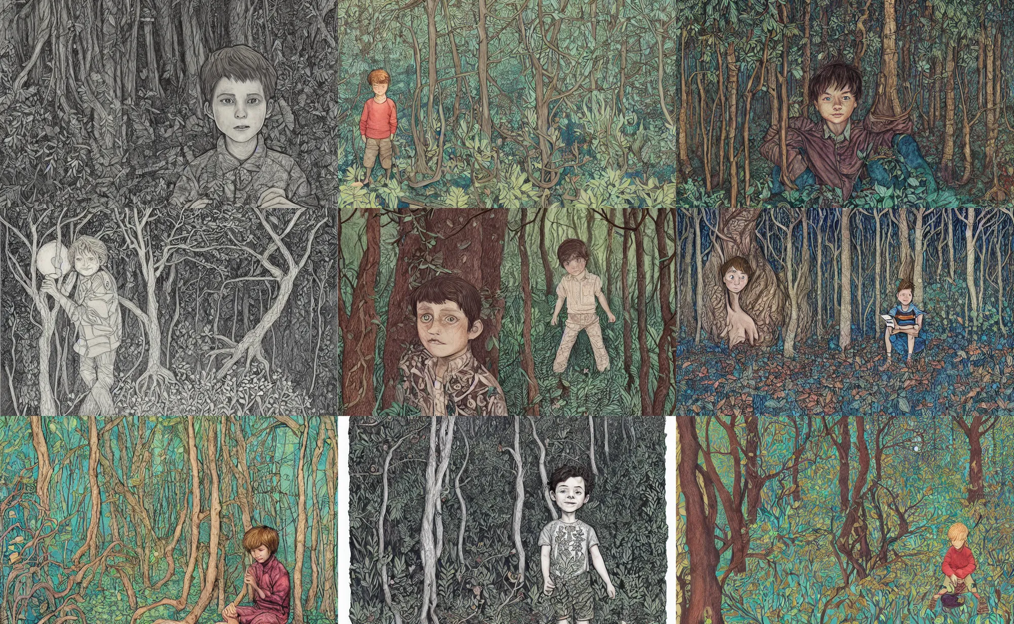 Prompt: book illustration of boy in forest, by beatrice blue, by julia sarda, by loish, by szymon biernacki. dark guache, pastels. pencils. dark. hand drawn. complex pattern figurative ornamental. patterns intricate. detailed, textured, orthoview