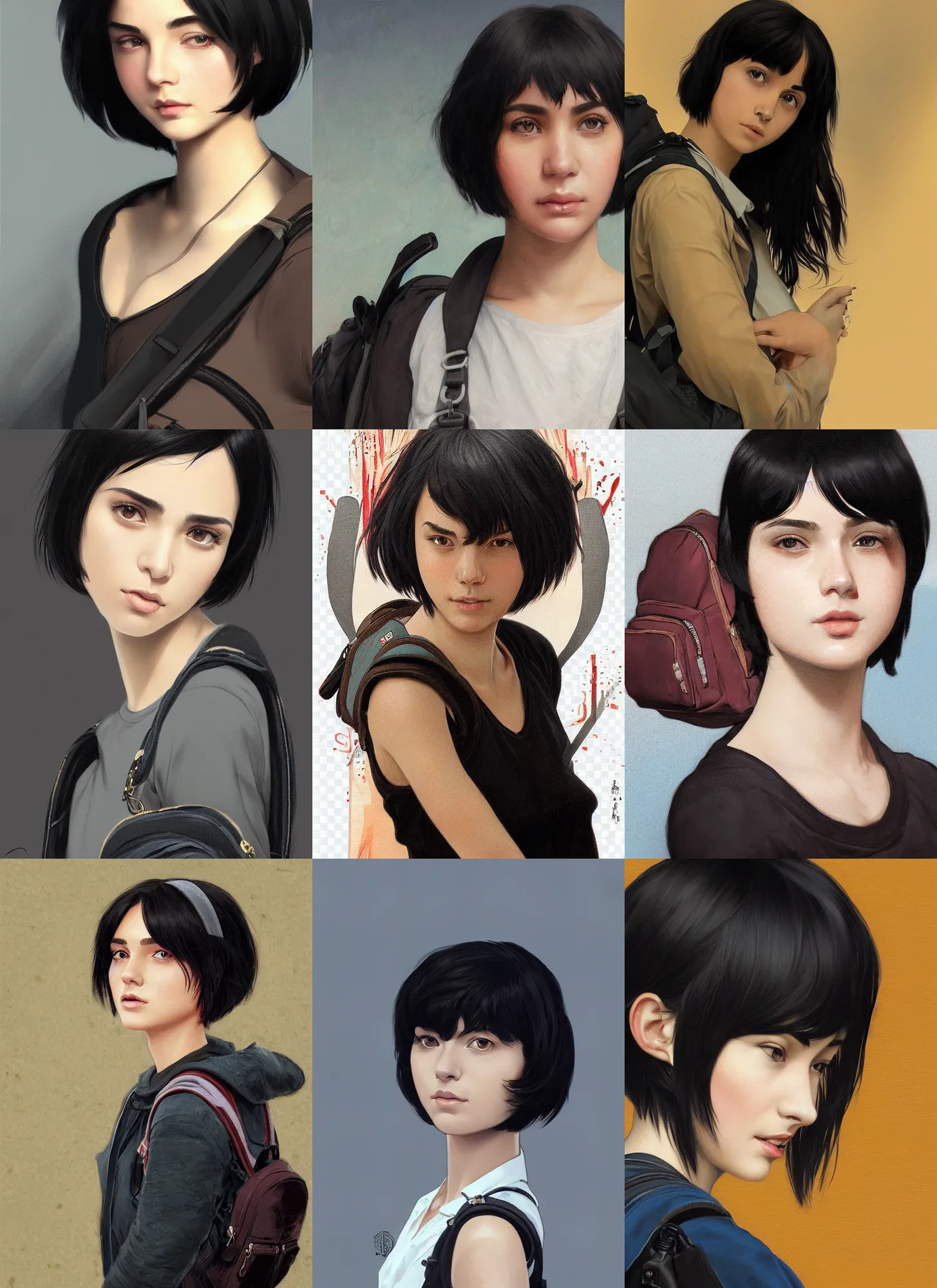 Prompt: Close-up portrait of kind young woman with short black hair in a bob cut, with a backpack, slightly dirty face, transparent background, png, highly detailed, digital painting, artstation, concept art, sharp focus, illustration, art by artgerm and greg rutkowski and alphonse mucha