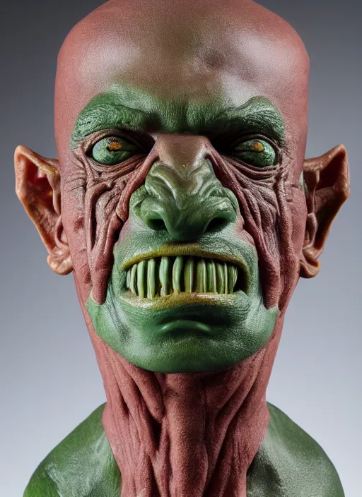 Image similar to a bust sculpture of anatomical detailed goblin, nicolas maduro, green blood, become human, ceramic base, orthographic, studio lighting