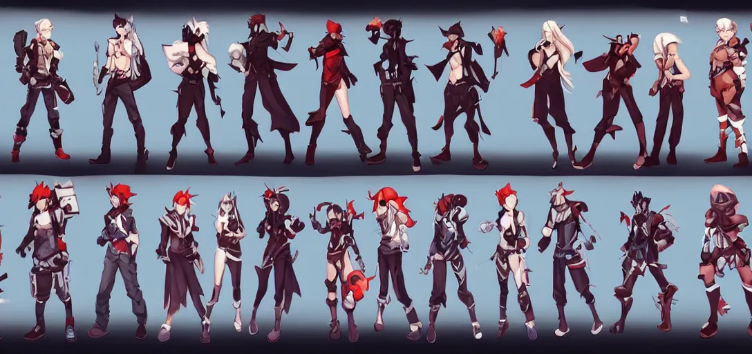 Image similar to character sheet concept art of male video game characters, disgaea, varying builds, unique silhouettes, cute casual streetwear, by marc brunet and artgerm