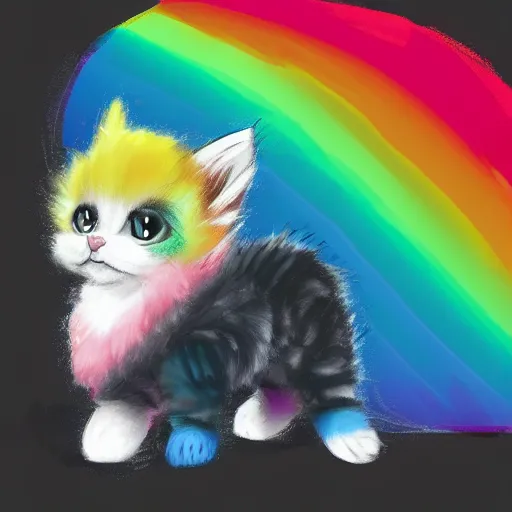 Image similar to wide angle full body, of a fluffy cute rainbow kitten wearing a black motorcycle jacket, concept art