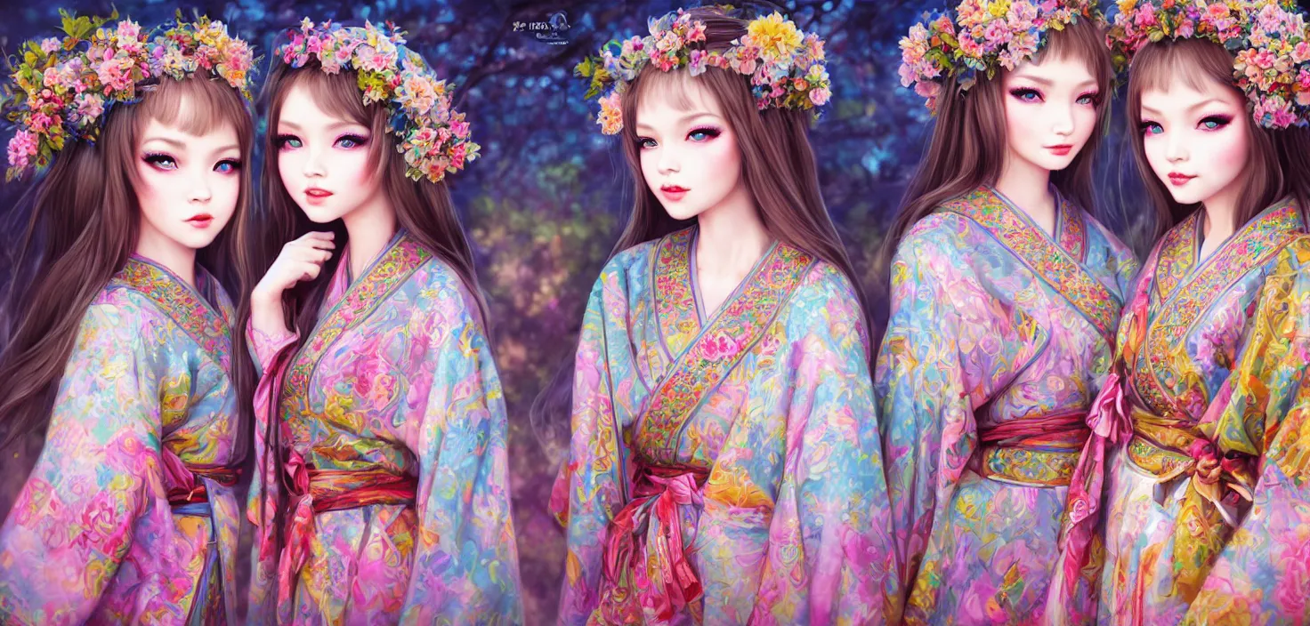 Image similar to two beautiful fashion siberian girls wear fantasy kimono in festival | | big eyes, sunny, dreamlike art, realistic shaded, smile, good looking, hyper details, 4 k realistic, cryengine, realistic shaded lighting poster by artgerm, ross tran, fuji choko, loish, 8 k resolution, trending on artstation, luxury