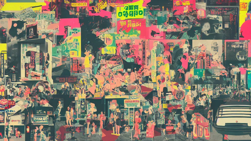 Image similar to pop culture mecca, japan, a collage painting, in the style of wes anderson, lola dupre, david hockney, isolated on negative white space background dark monochrome neon fluorescent spraypaint accents volumetric octane render