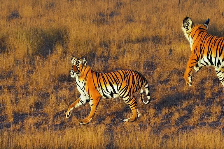 Image similar to antelope, hunting, a tiger, golden hour, 6 0 0 mm, wildlife photo, national geographics