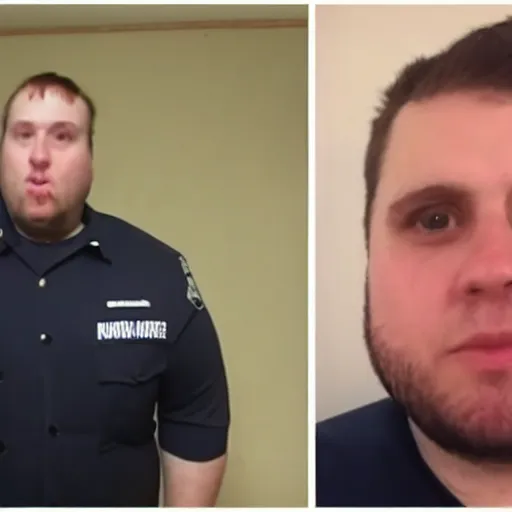 Image similar to clean - shaven chubby chubby chubby 3 2 year old caucasian man from uk. he is wearing navy police sweater and necktie and black boots and police helmet. he is making a youtube apology video