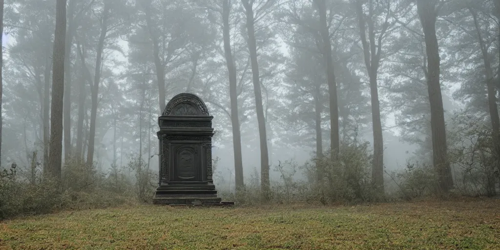 Prompt: a single tomb in the middle of a foggy forest, ornate, foggy