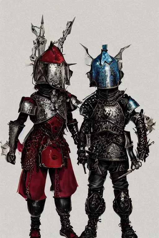 Image similar to Render of Young Olsen twins as a medieval fantasy knight wearing dark steel scale armor and garments, red and blue jewerly ornaments, emerald jewelry, high fantasy, gothic, Sparth style, Final Fantasy style, Tsutomu Nihei style, Emil Melmoth style, Craig Mullins style, Shinkawa style, centered image, golden hour, soft lighting aesthetic, volumetric lighting,