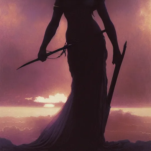 Image similar to awe-inspiring award-winning concept art painting of attractive figure in black shrouds as the goddess of the moonbow, rainbow, by Michael Whelan, William Adolphe Bouguereau, John Williams Waterhouse, and Donato Giancola, cyberpunk, extremely moody lighting, glowing light and shadow, atmospheric, shadowy, cinematic, 8K,