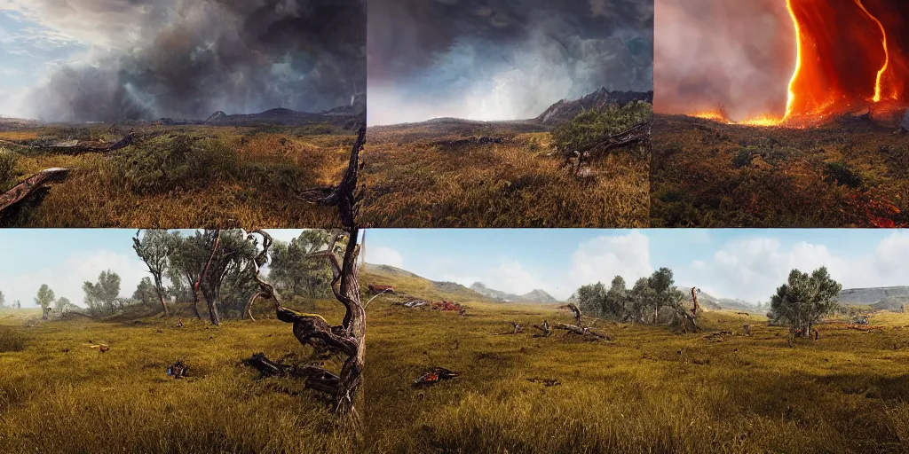 Image similar to two completly different landscapes divided exaclty in the vertical middle by a mysterious force, one landscape with a lot of fire and burned ground and no life and burning sky and another landscape with a lot flora and fauna and trees and blue sky and green ground with lots of gras and animals, hyperrealistic, high quality, 4k, ultra detailed