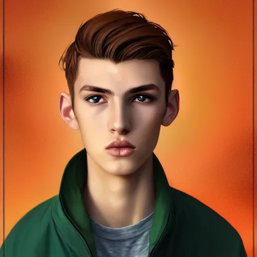 Image similar to colorful Captivating teenage boy with brown blond short quiff hair and thin slightly round facial structure with cleft chin, scruffy beard,bumpy nose, good definition of cheekbones, Alert brown eyes, narrow face, slim body, atmospheric lighting, painted, intricate, 4k, highly detailed by Charlie Bowater