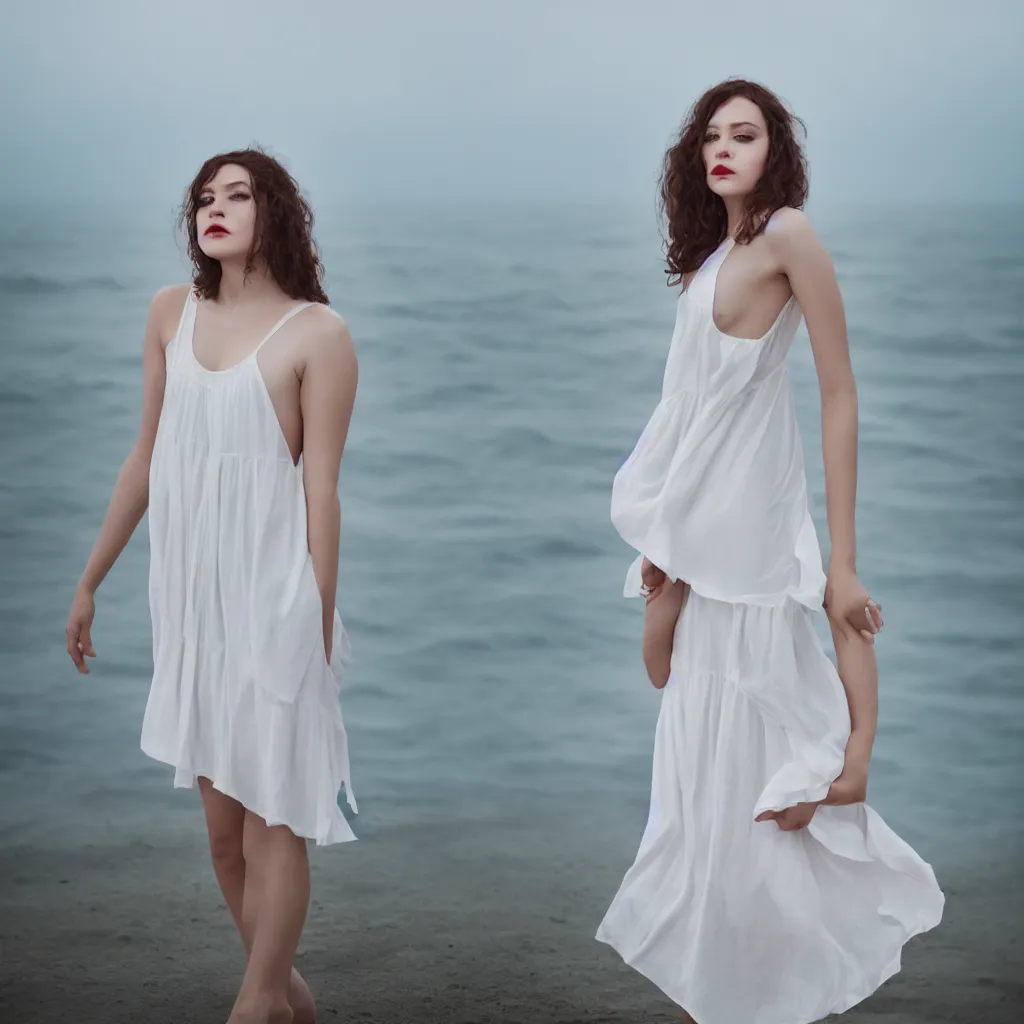 Image similar to a portrait photography of Jennyfer Lawrence with full body dress in white by Flora Borsi, stand up with the sea behind, soft sunset lighting, pastel colors scheme, fine art photography, dramatic backgroung, 80 mm sigma art