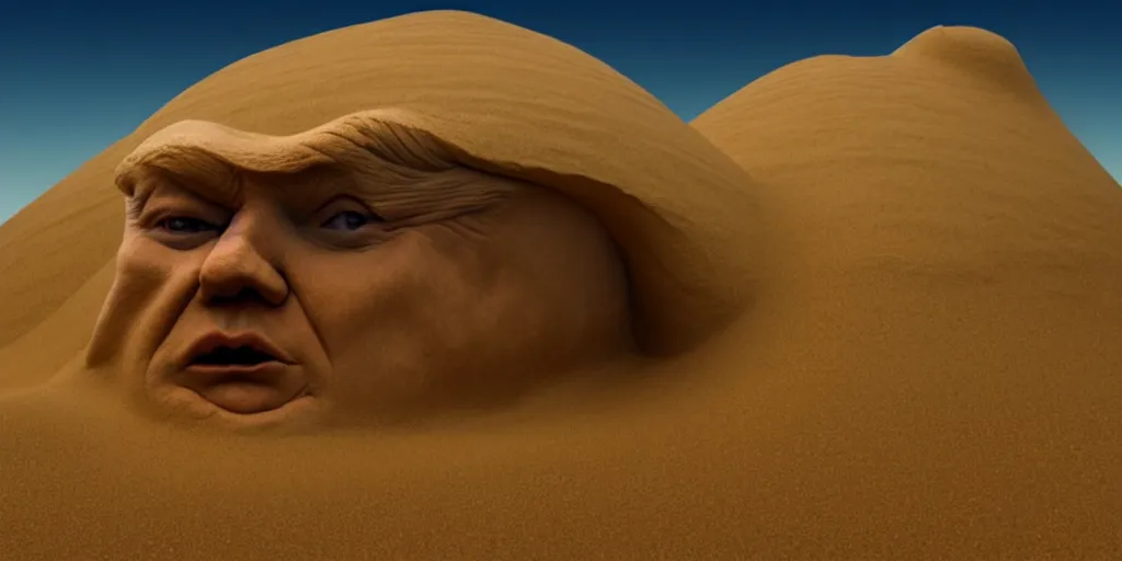 Image similar to the giant sand sculpted face of donald trump as baron vladimir harkonnen emerging from a sand dune, cinematic, surrealistic, supernatural, artstation