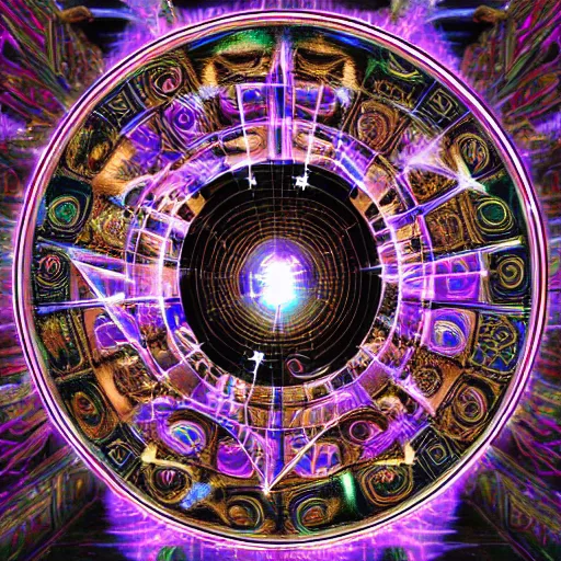 Prompt: A divine sage in a circle of esoteric sigils and glyphs trapping him out of time lost in his own mind 8k resolution hyperdetailed holographic astral plane