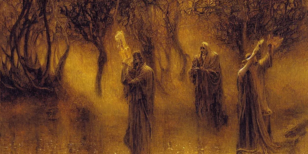 Prompt: a painting of the dark man at the crossroads by gustav moreau, jean delville and  Gaston Bussiere