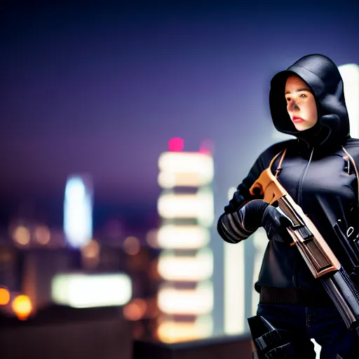 Image similar to photographic portrait of a techwear woman holding a shotgun, closeup, on the rooftop of a futuristic city at night, sigma 85mm f/1.4, 4k, depth of field, high resolution, full color, Die Hard, movies with guns, movie firearms