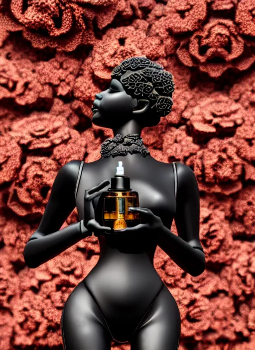 Prompt: elegant biomechanical black statue carrying perfume bottle made of corals, daisies, roses, well contoured smooth fair walls carrying perfume bottle, up close shot, sharp focus, global illumination, radiant light, alexandre ferra white mecha, irakli nadar, octane highly render, 4 k, ultra hd,