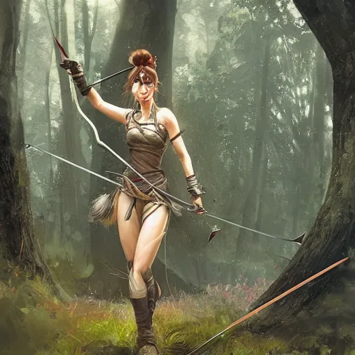 Image similar to fantasy art of a female forest archer in the style of greg rutkowski