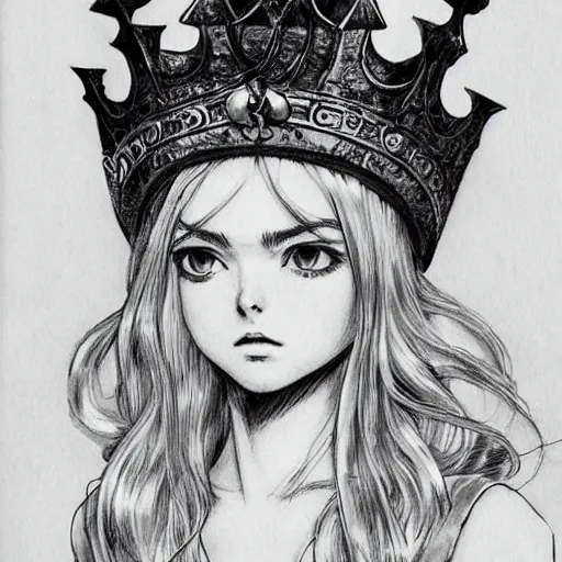 Prompt: a striking hyper real manga illustration of Elle Fanning with a crown by Kentaro Miura