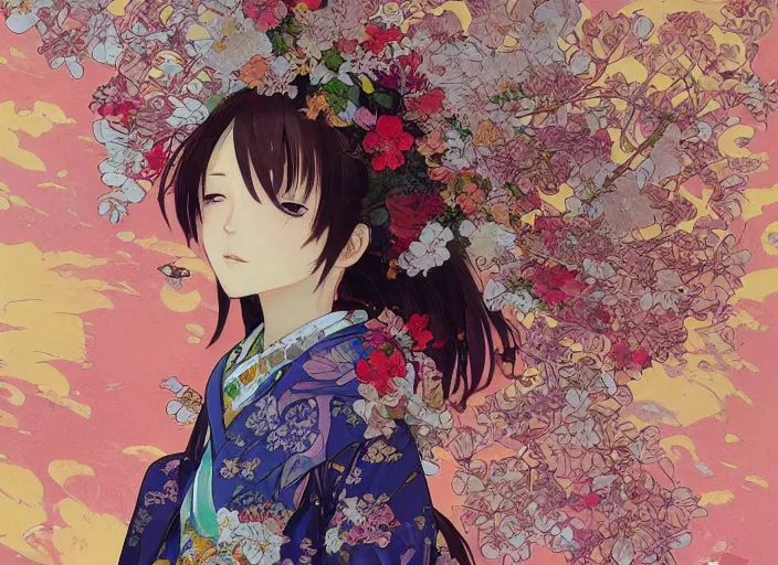 Image similar to oil painting, long shot, beautiful floralpunk japanese bio mechanical female illustration detailed patterns art of japan traditional dress, flower pop art, floral splash painting, art by ashley wood, alphonse mucha, makoto shinkai, geof darrow, dark shadow