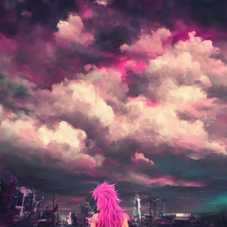 Prompt: oil painting, punk, pretty face punk back, pink, mohawks, neon, ultra detailed, contrast, clouds, sky, volumetric light, atmospheric lighting, dramatic, cinematic, moody, octane render 4 k, 8 k