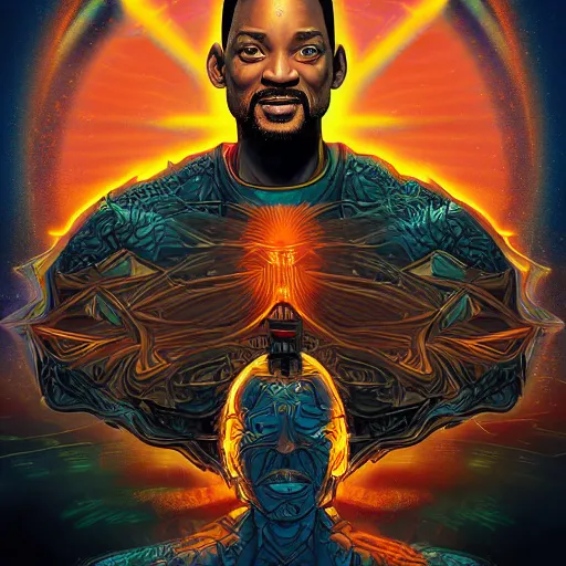 Image similar to the second coming of will smith, by dan mumford and ross tran, cosmic, terrifying, demon rays, intricate detail, cinematic, 8 k, cel shaded, unreal engine, featured on artstation, pixiv