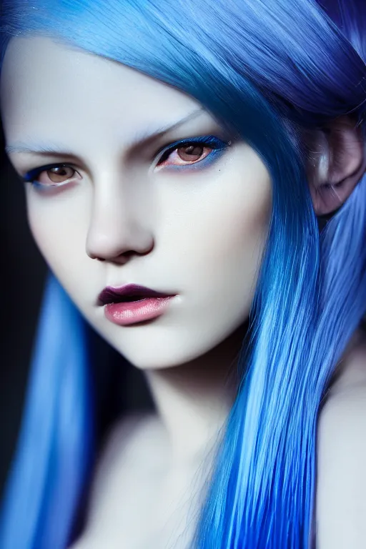 Image similar to hd photograph of a pretty girl with blue hair, close up portrait, skin texture, in the style of ilya kuvshinov, dramatic lighting, fantasy, intricate, elegant, highly detailed, lifelike, photorealistic, digital painting, bokeh, hdr, high resolution, unsplash, smooth, sharp focus, art by krenz cushart and albert aublet