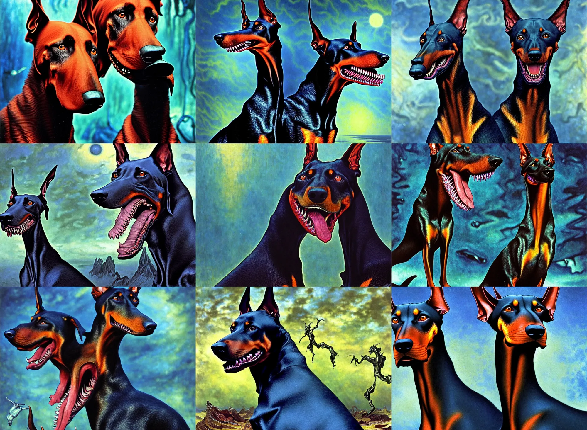 Prompt: realistic detailed portrait movie shot of a snarling doberman wearing a dark blazer, sci fi landscape background by denis villeneuve, amano, yves tanguy, alphonse mucha, ernst haeckel, max ernst, roger dean, masterpiece, rich cold moody colours, dog teeth, blue eyes