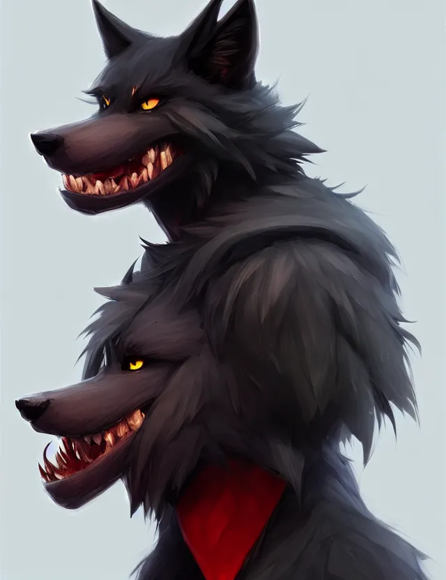 Image similar to character concept art of a black anthropomorphic male furry wolf long red hair | | cute - fine - face, pretty face, key visual, realistic shaded perfect face, fine details by stanley artgerm lau, wlop, rossdraws, james jean, andrei riabovitchev, marc simonetti, and sakimichan, trending on artstation