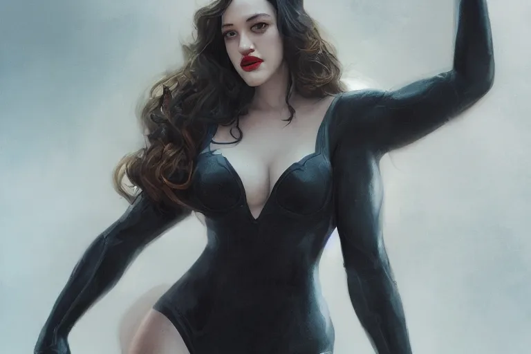 Prompt: A portrait of a Kat Dennings striking a heroic pose in a small leotard wide angle Ruan Jia and Mandy Jurgens and Artgerm and william-adolphe bouguerea, highly detailed, trending on artstation, award winning, H 768