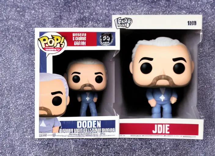 Prompt: product still of Joe Biden funko pop with box, 85mm f1.8