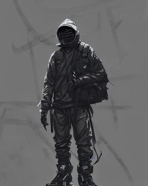 Image similar to Medium shot of a character wearing Nike ACG+Acronym+Riot Division in the style of greg rutkowski