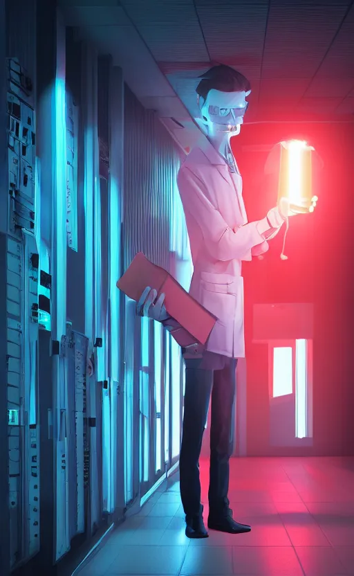 Prompt: scientist is holding a folder, he is in shock, dark building of server room, neon light, the folder glows and lights up his face, professional lighting, 3 d digital modeling, movie scene, concept art, detailed art,
