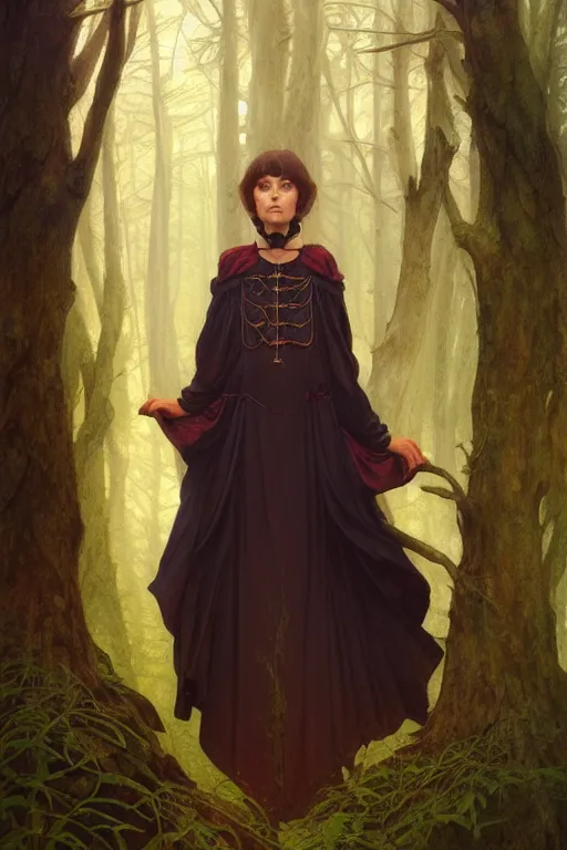 Image similar to symmetry portrait of welsh brunette witch student in mans tunic, tomboy, short hair, forest, magic, intricate, elegant, highly detailed, digital painting, artstation, concept art, smooth, sharp focus, illustration, art by artgerm and greg rutkowski and fra angelico and alphons mucha