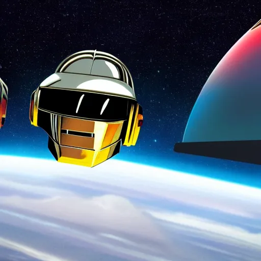 Prompt: Daft Punk standing above a spaceship in space, spaceship seen from far away, realistic, high quality