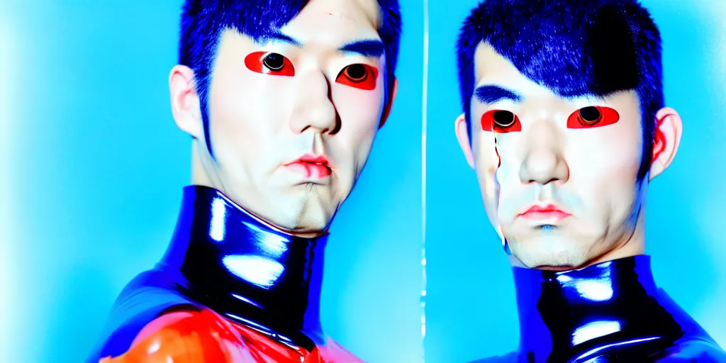 Image similar to a close - up risograph of cyberpunk japanese model men with black eyes and pretty face wearing latex catsuit and lots of transparent and cellophane accessories, blue hour, twilight, cool, portrait, kodachrome, iso 1 2 0 0, painting by mayumi hosokura