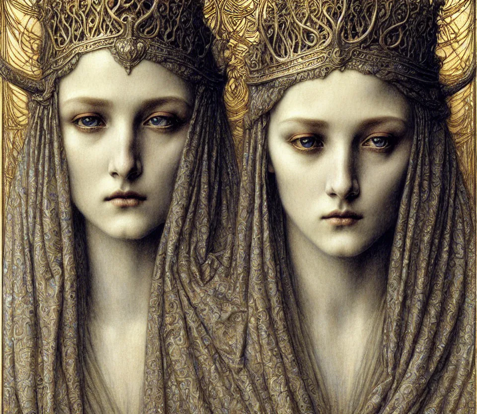 Image similar to detailed realistic beautiful young medieval queen face portrait by jean delville, gustave dore and marco mazzoni, art nouveau, symbolist, visionary, gothic, pre - raphaelite. horizontal symmetry