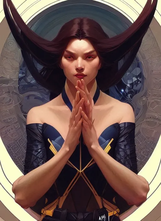 Image similar to portrait of xmen, intricate, elegant, highly detailed, my rendition, digital painting, artstation, concept art, smooth, sharp focus, illustration, art by artgerm and greg rutkowski and alphonse mucha and uang guangjian and gil elvgren and sachin teng, symmetry!!