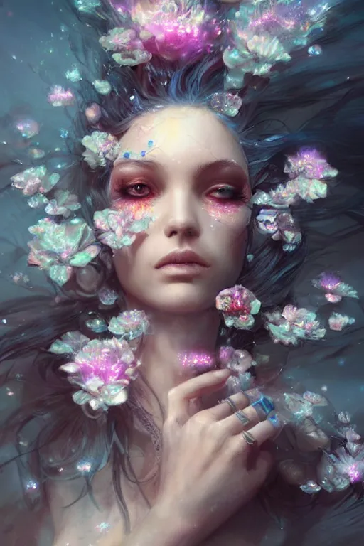 Image similar to face closeup beautiful girl witch covered with crystals exploding into another dimension, 3 d render, hyper realistic detailed portrait, holding magic flowers, ruan jia, wlop. scifi, fantasy, hyper detailed, octane render, concept art, peter mohrbacher