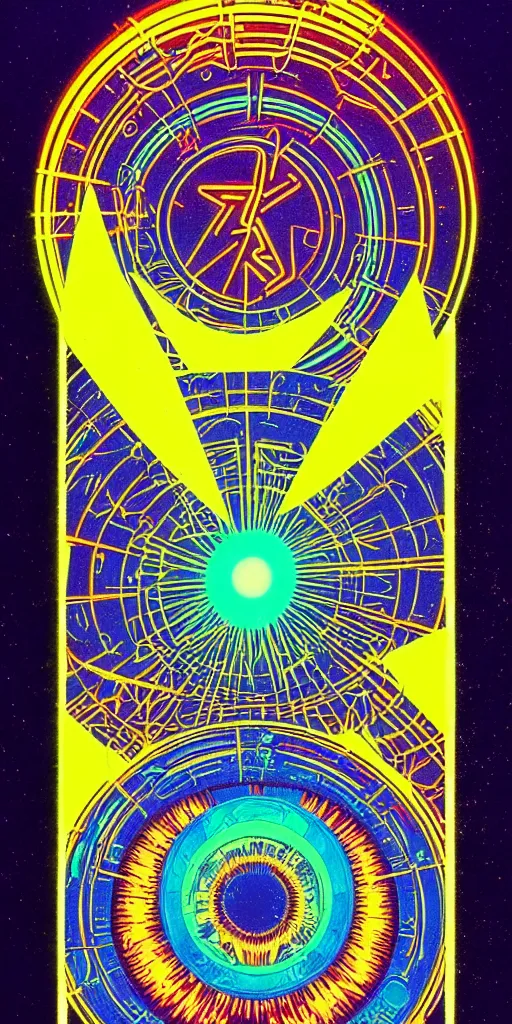 Image similar to 1968 science fiction tarot card, cut out collage, neon Aztec, non Euclidean, spring on Saturn, epic theater, deep sea, mountain plants, drawings in part by moebius, part by Ernst Haekl, text by William S Boroughs