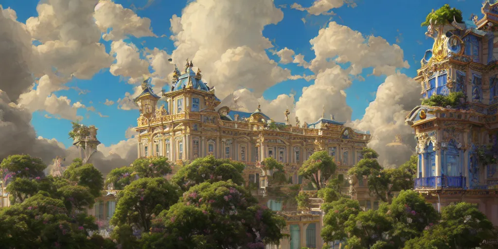 Prompt: A realistic painting of The Cat and its Rococo Palace in the sky with blue flowers and clouds, in the style of Krenz Cushart, Moebius, and Muchain, Prismatic, Rococo, Pearlescent, reflective, shimmering, highly detailed, masterpiece, dreamy, concept art, Cinema lighting, 8k, trending on artstation