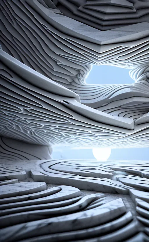 Prompt: highly detailed ultra sharp 3 d render cinematic composition of a smooth marble stone white fluid fractal sci - fi surreal architecture landscape, ceramic, magnesium, archviz, vincent callebaut composition, mamou - mani, beautiful lighting, 8 k, unreal engine, hdr, dof