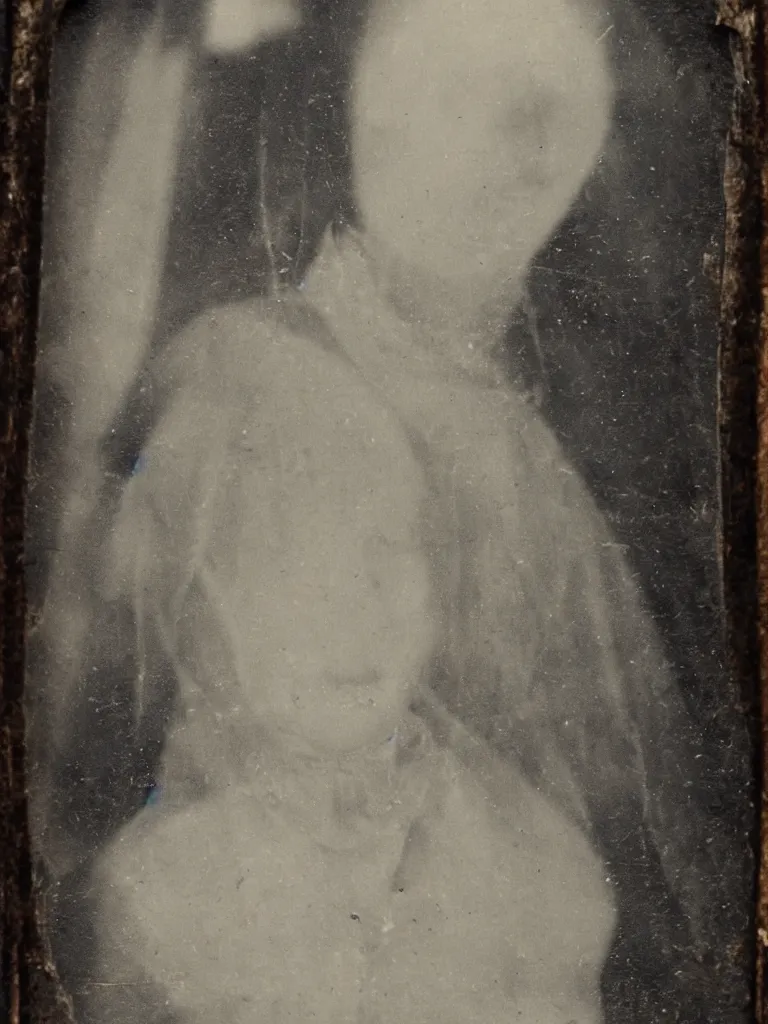 Prompt: found tintype photograph. a ghost's face in a tudor house window