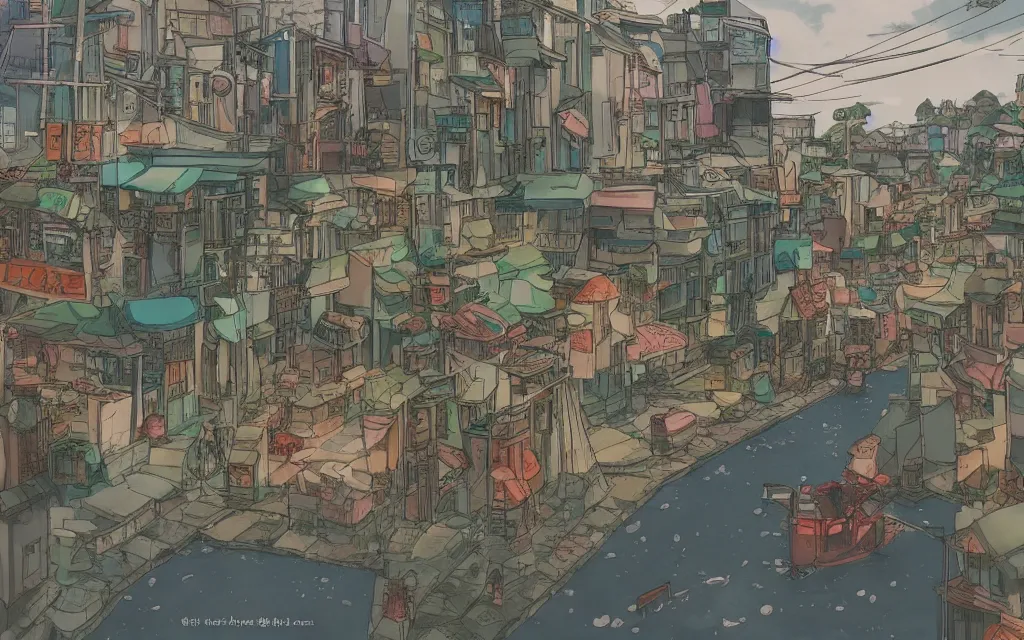 Image similar to a japanese city near the sea, lofi, dreamy, moody, very colorful, anime inspiration, ghibli vibe