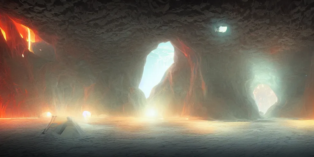 Image similar to Artwork by Beeple of the cinematic view of the Deadly Cave of Spirits, Infernal, Writings.