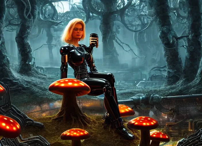 Prompt: photo of an intricate and sophisticated terminator woman with borg enhancements, blonde hair sitting on a giant mushroom in a weird magical mechanical forest and drinking a cup of tea. Very detailed 8k. Fantasy cyberpunk horror. Sharp. Very detailed facial complexion