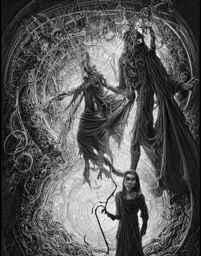 Image similar to highly detailed portrait of a dark mage casting a spell by alex grey, patrick woodroffe, mark ryden created by gustave dore and greg rutkowski, high detailed, smooth draw, synthwave neon retro, intricate, realistic proportions, dramatic lighting, trending on artstation