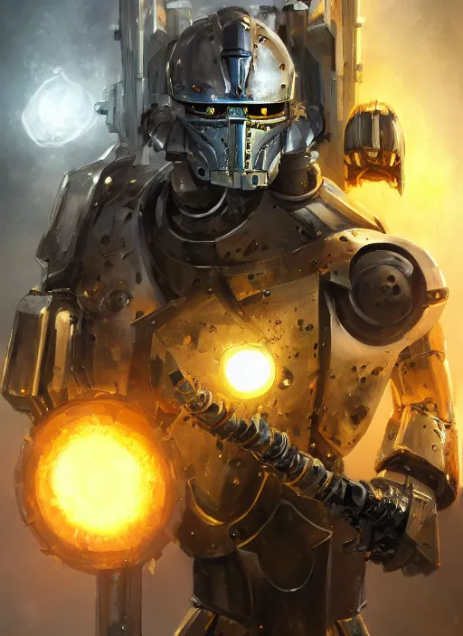 Prompt: full body, dynamic attack position abstract portrait of a intricate glorious holy mechanical warforged character in yellow armor holding a paladin engraved great longsword drawn and carrying a big paladin shield, glowing red eye, face in focus, pit droid, epic , trending on ArtStation, masterpiece, cinematic lighting, by Ross Tran and by Greg Rutkowski