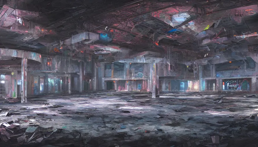 Prompt: Digital painting of an abandoned nightclub, hyperdetailed, artstation, cgsociety, 8k