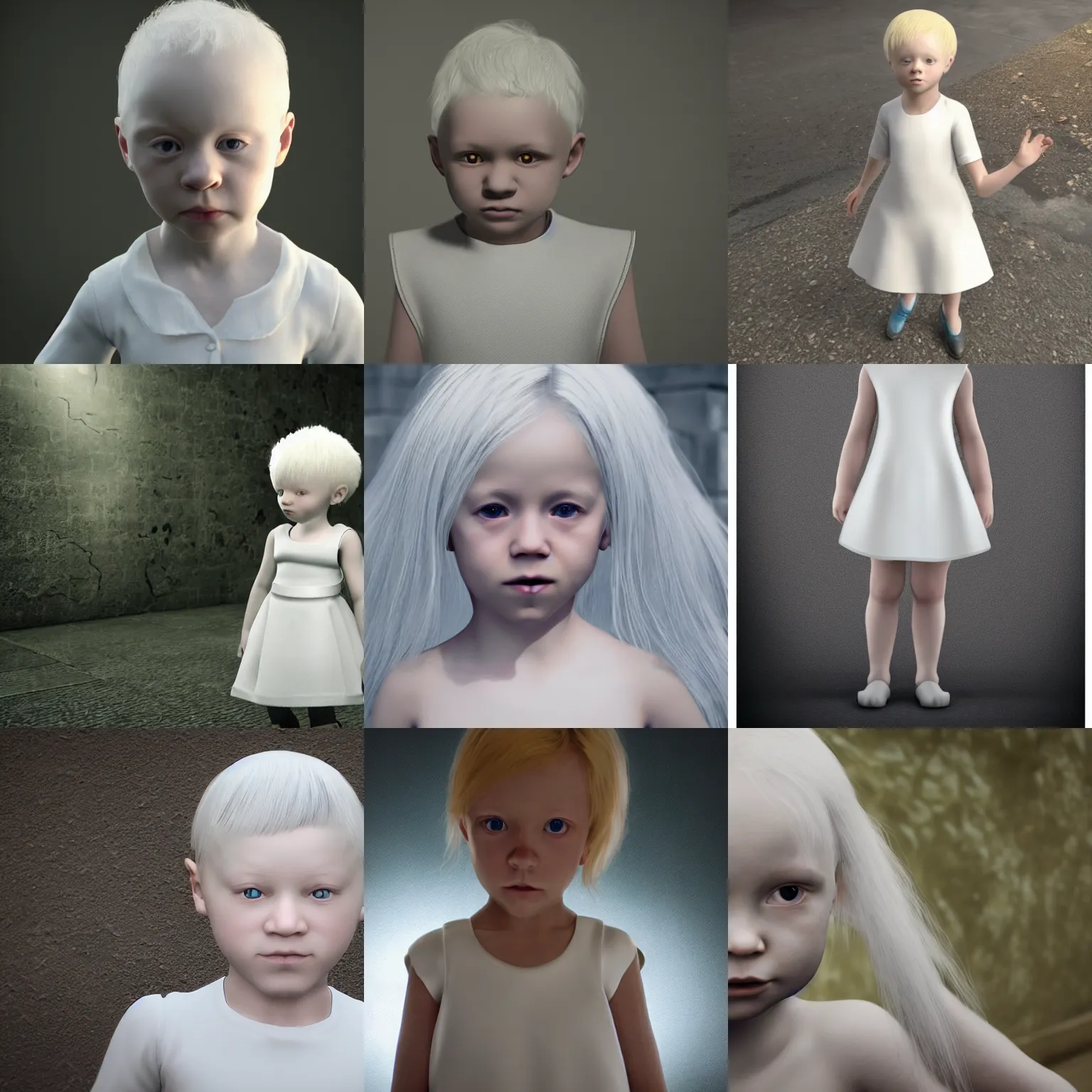 Prompt: a mysterious albino child wearing a white dress, unreal engine 5, hyperrealistic