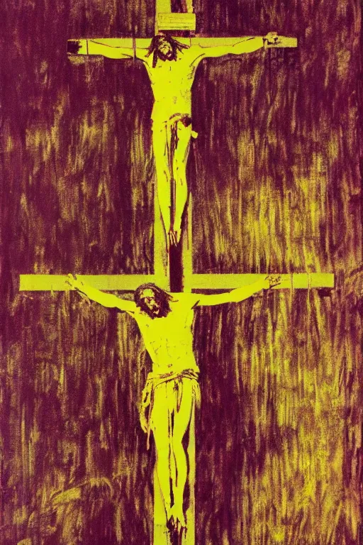 Image similar to bloody jesus christ crucified, yellow sky painted by andy warhol and cy twombly